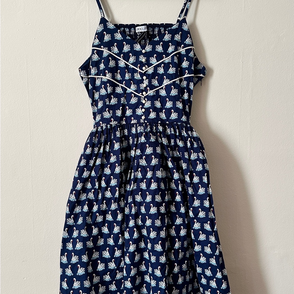 Vintage Inspired Silhouette Navy, White, and Blue Swan Dress with Pearl Detail